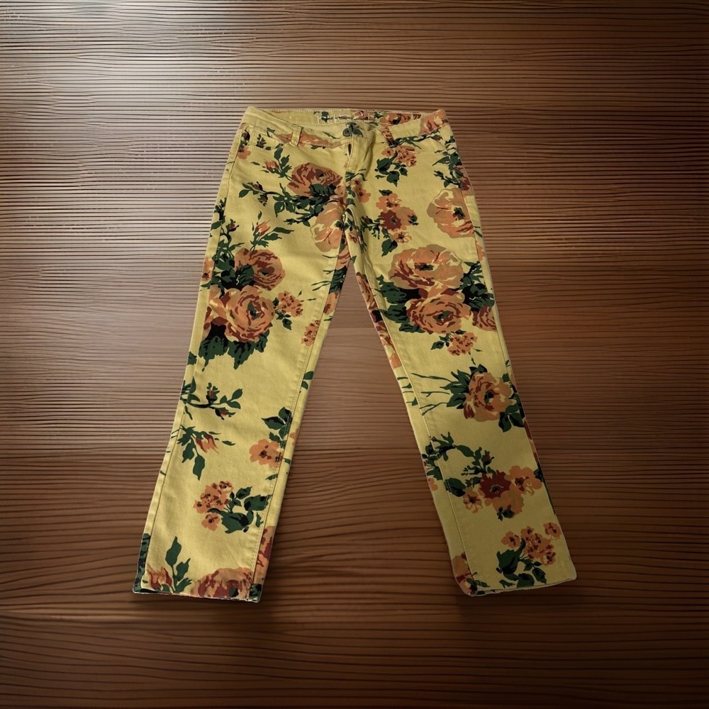 Rue21 Womens 5/6 Yellow Floral Rose Print Skinny Jeans Stretch Cropped Pants